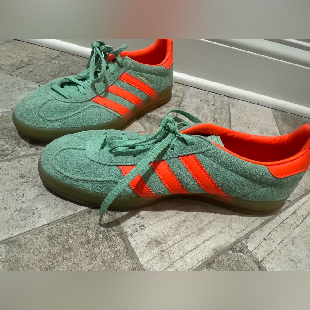 adidas Green Suede Sneakers with Bright Orange Stripes - Picture 6 of 16